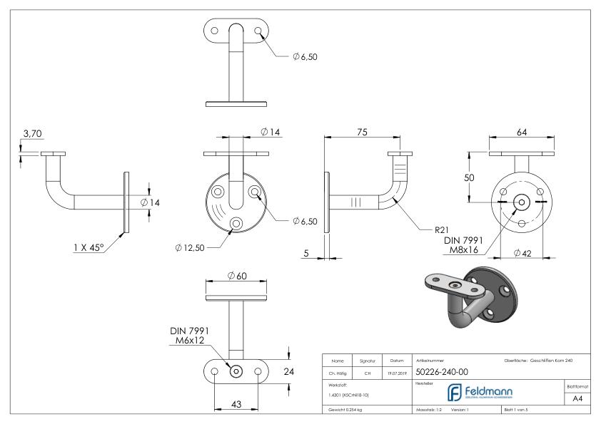 Handlaufhalter ohne Kabeldurchführung für LED Handläufe, Vollmaterial, V2A