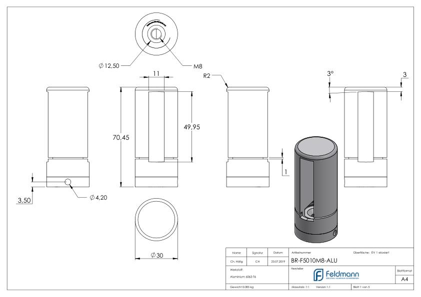 Brenk Grundhalter für Flachstäbe 50x10mm, ALU