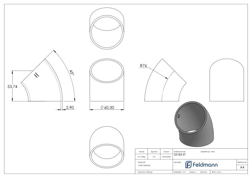 Schweißbogen 45°, 60,3 x 2,9mm, Bauart 3