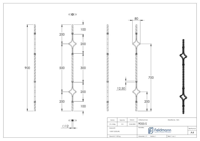 Zierstab 12x12mm, gehämmert, H: 900mm