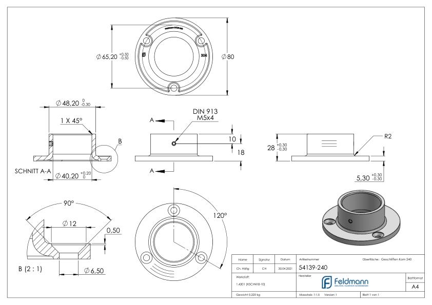 Wand- und Bodenanker, für Rohr 40,0mm, V2A Wand- und Bodenanker, für Rohr 40,0mm, V2A