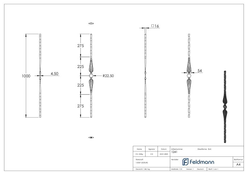 Zierstab 16x16mm, gehämmert, H: 1000mm