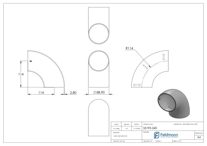 Schweißbogen 90°, 88,9x2,0mm, V2A