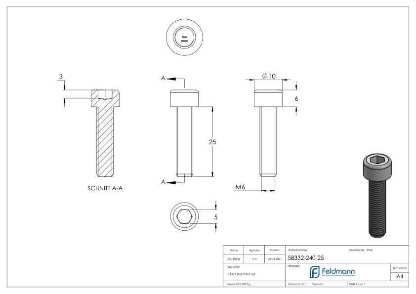 Zylinderkopfschraube M6 x 25, A2, DIN 912