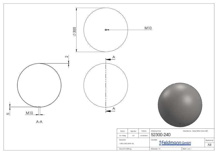 Hohlkugel Ø 300mm mit Gewinde M10, V2A