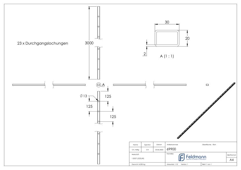 Rechteckrohr S235JR, 30x20x2mm, gelocht für Ø 12mm mit Abstand Mitte-Mitte 125mm, L: 3000mm