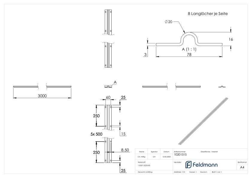 Laufschiene zum Aufschrauben mit Ø 20mm, extrabreit, Länge 3m, verzinkt