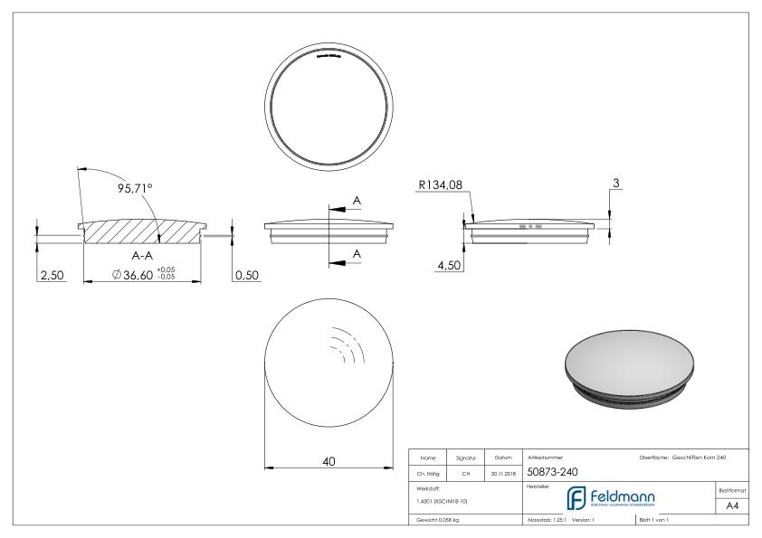 Rohrabschlussstopfen, für Rohr 40,0x2,0mm, V2A