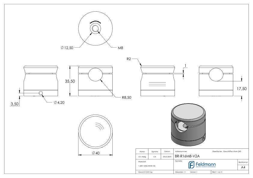Brenk Grundhalter für Stäbe Ø 16mm, V2A