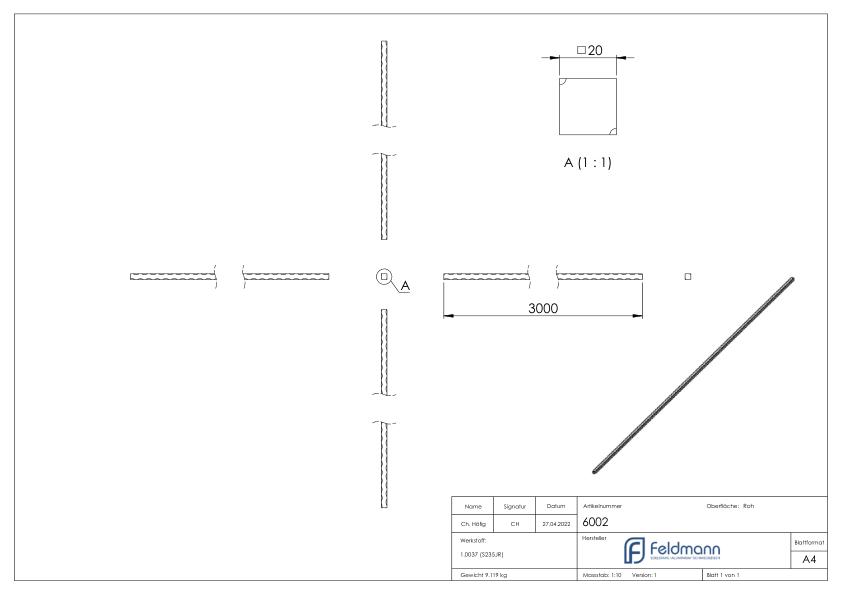 Vierkant S235JR, 20x20mm, L: 3000mm