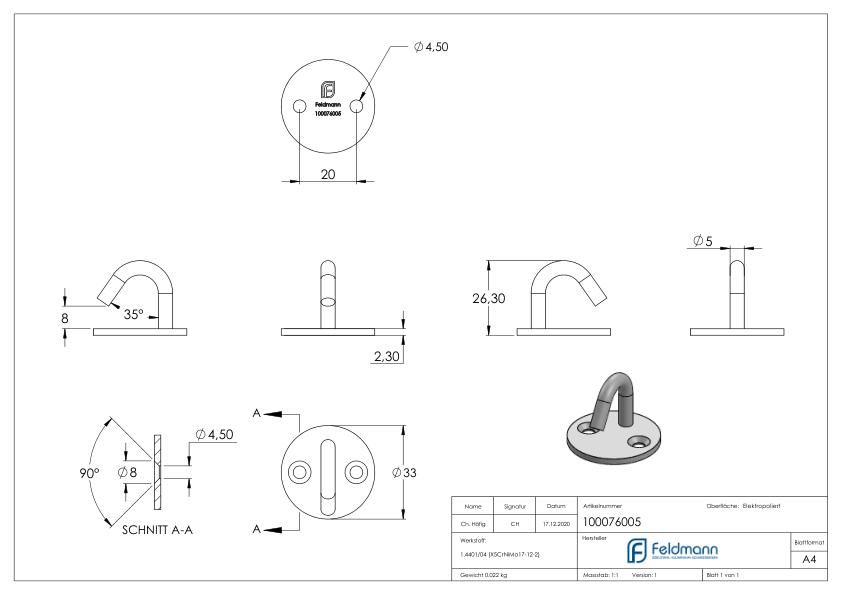 Befestigungsöse/Haken mit runder Platte V4A
