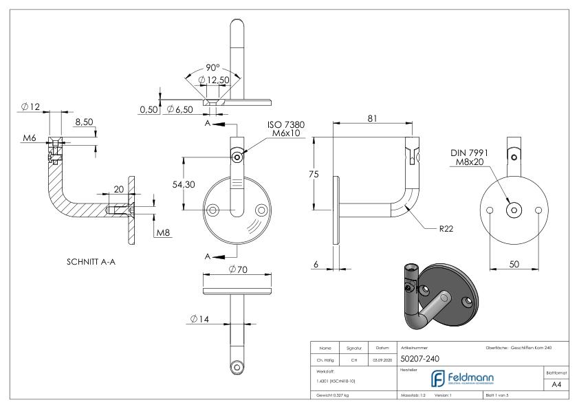 Handlaufhalter mit Gelenk, oben Innengewinde M6 (Ronde und Bügel verschraubt), V2A