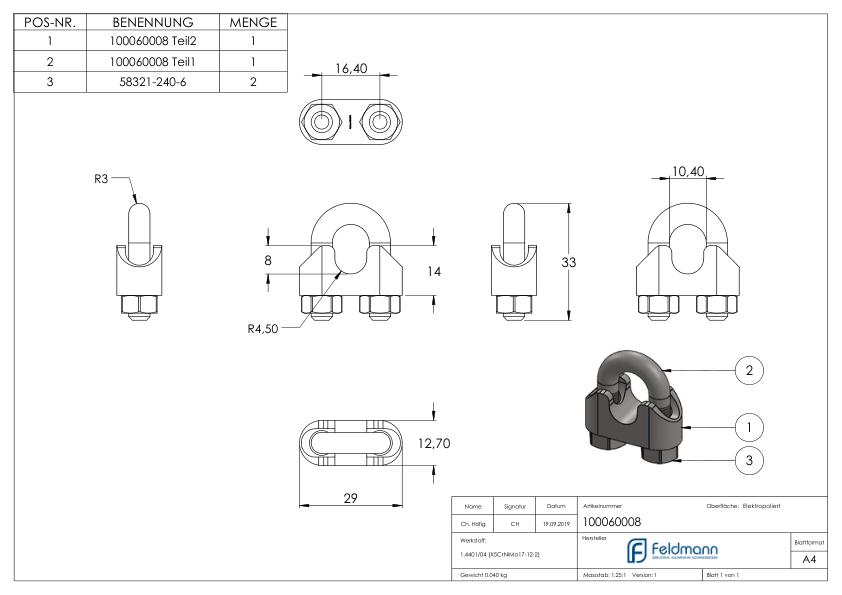 Drahtseilklemmen für Seil 8mm, V4A