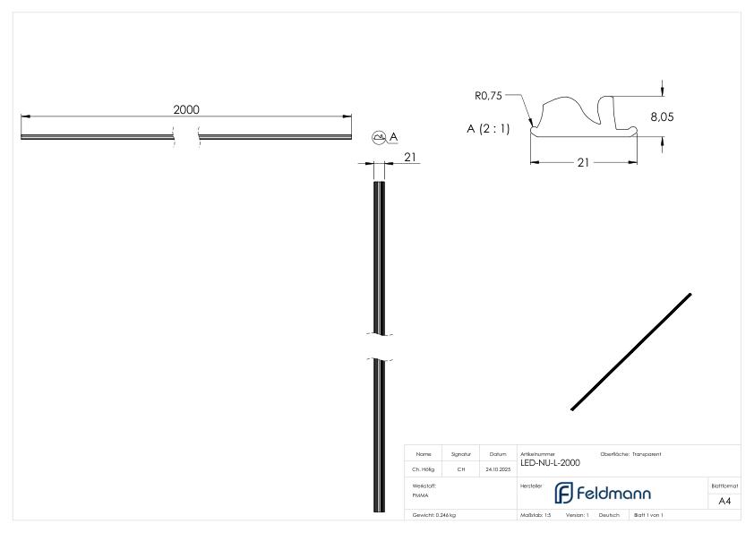 LED-Nutrohr LUNORA®, Linse für gerichtete Lichtverteilung, zum Einschieben in Abdeckung, L: 2000mm