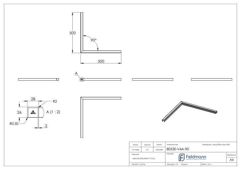 Edelstahl-U-Profil 90° Ecke, 500x500mm, V4A Edelstahl-U-Profil 90° Ecke, 500x500mm, V4A