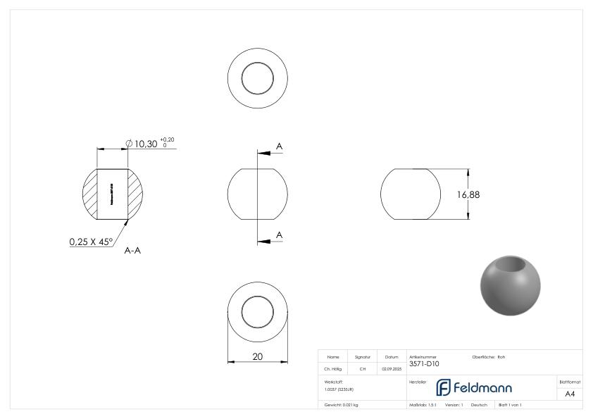 Massivkugel 20mm, mit Durchgangsbohrung 10,3mm
