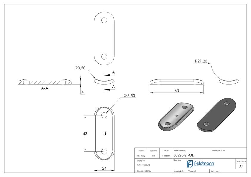 Handlaufanschlussplatte S235JR, Rohranschluss Ø 42,4mm Handlaufanschlussplatte S235JR, Rohranschluss Ø 42,4mm