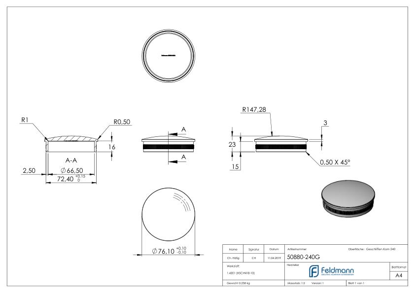Rohrabschlussstopfen, für Rohr 76,1x2,0mm, V2A