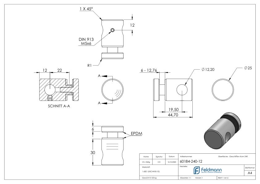Querstab-Glashalter Ø25mm für 12mm Rund, für Glas 6-12,76mm, V2A Querstab-Glashalter Ø25mm für 12mm Rund, für Glas 6-12,76mm, V2A