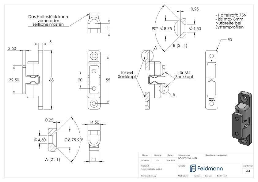 Kugelschnäpper mit Haltekraft 75N, V2A