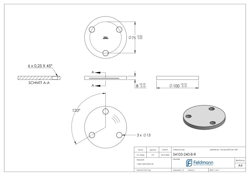 Ankerplatte Ø 100x8mm, mit Rundschliff, V2A
