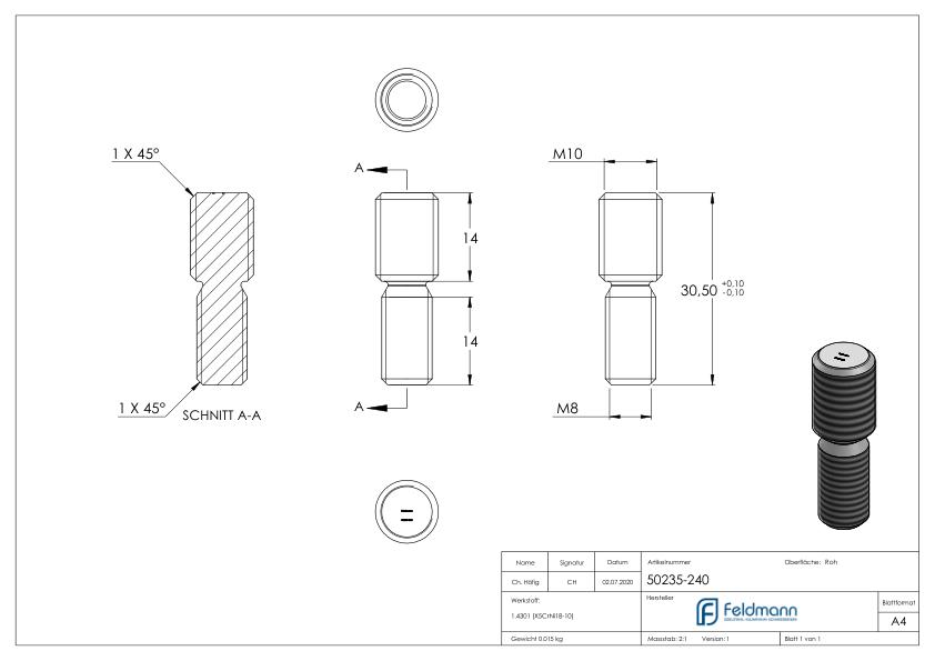 Gewindeadapter von M8 auf M10, V2A