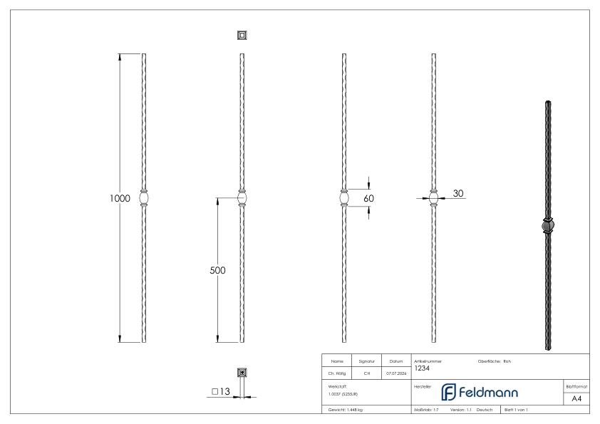 Knubbelstab 13x13mm, gehämmert, H: 1000mm