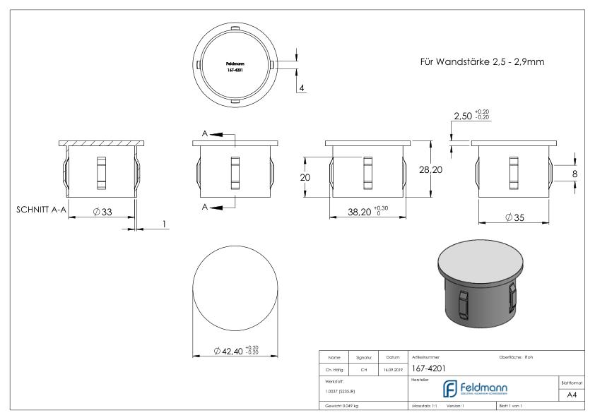 Stahleinschlagkappe, für Rohr 42,4mm