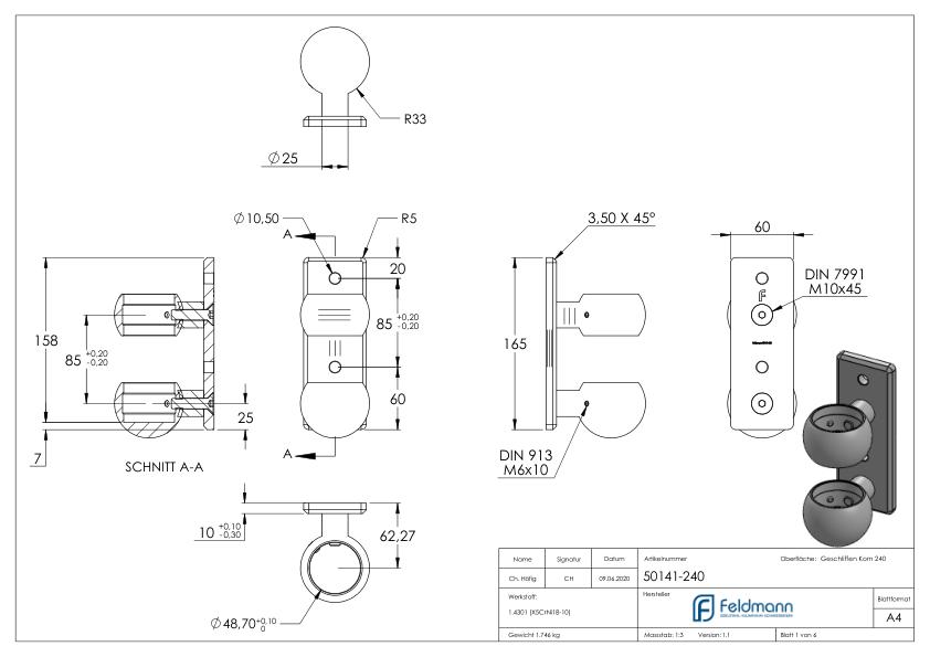 Wandbefestigung für Geländerpfosten 48,3mm, V2A