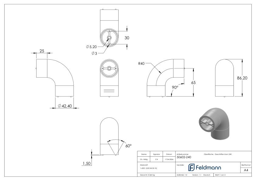 Rohrbogen 90° für 42,4mm Holzhandlauf, V2A