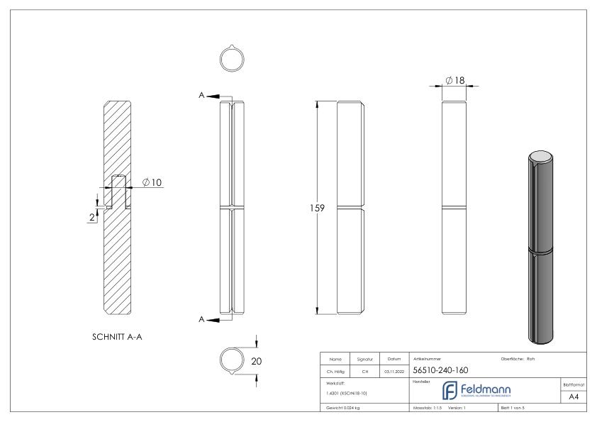 Anschweißband, L: 160mm, mit festem Stift, V2A