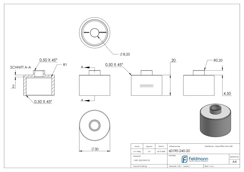 Unterteil Ø 30mm, mit Durchgangsbohrung , T: 20mm, V2A Unterteil Ø 30mm, mit Durchgangsbohrung , T: 20mm, V2A