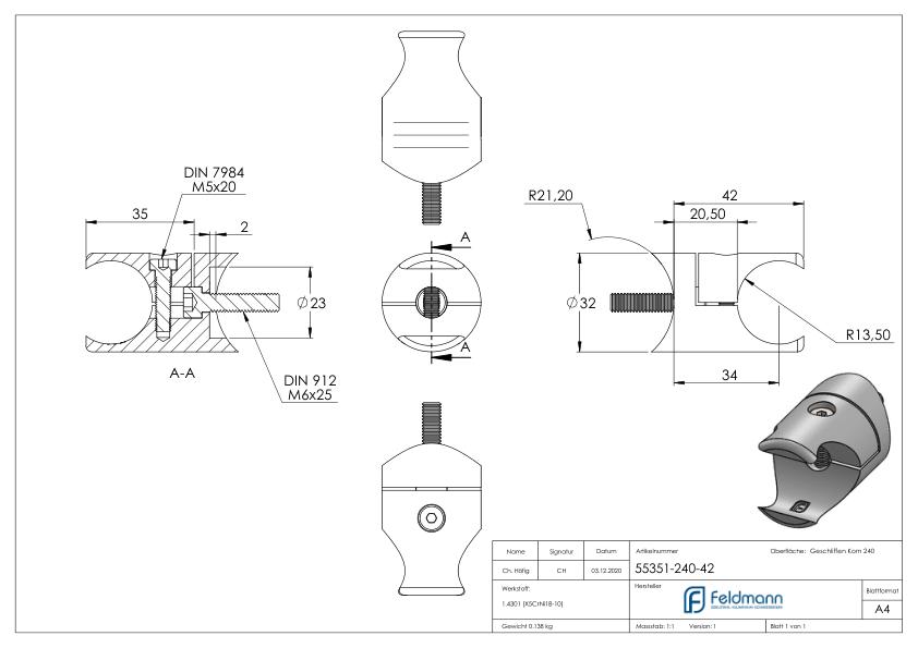 Halter für rundes Klemmprofil 27mm Anschluss: 42,4mm, V2A