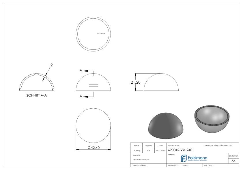 Halbhohlkugel, Ø 42,4 x 2,0mm, mit Rundschliff, V2A (1.4301)