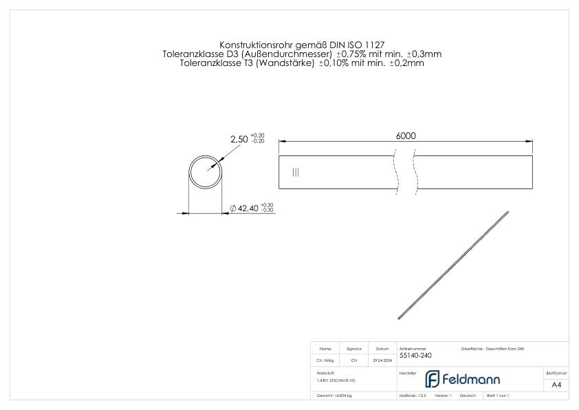 Edelstahlrohr, 42,4x2,5mm, L: 6000mm, V2A