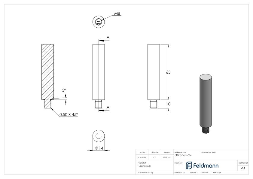 Stift 14mm, 65mm lang