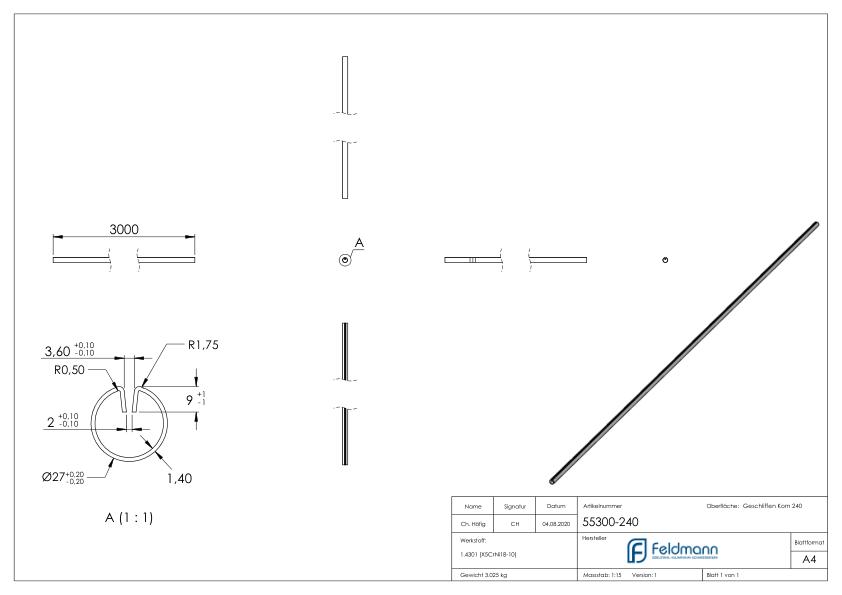 Klemmprofil, 27x1,5mm, L: 3000mm, V2A