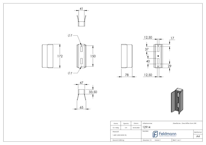 Schiebetor-Gegenkasten mit 40mm Breite, V2A