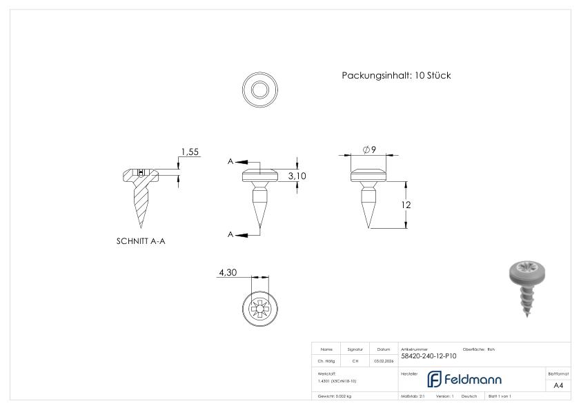 LUNORA® 10er Schrauben Set, zur Befestigung im Holz-Nutrohr 42,4mm