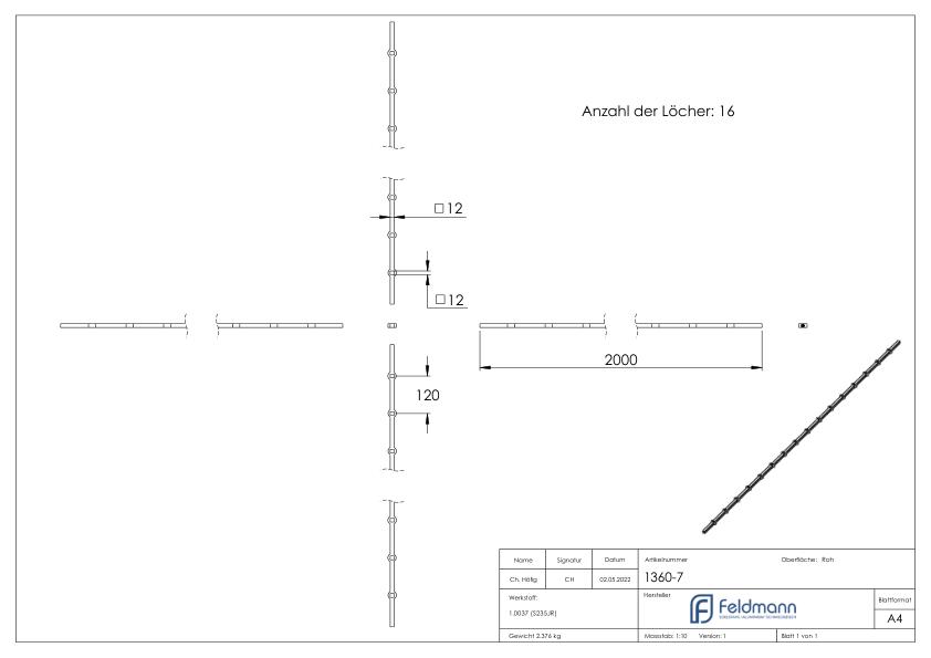 Lochleiste S235JR, 12x12mm, Lochabstand 120mm, 2000mm