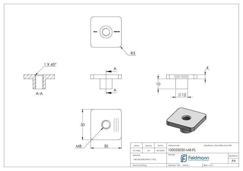Platte, 30x30mm, M8, V4A