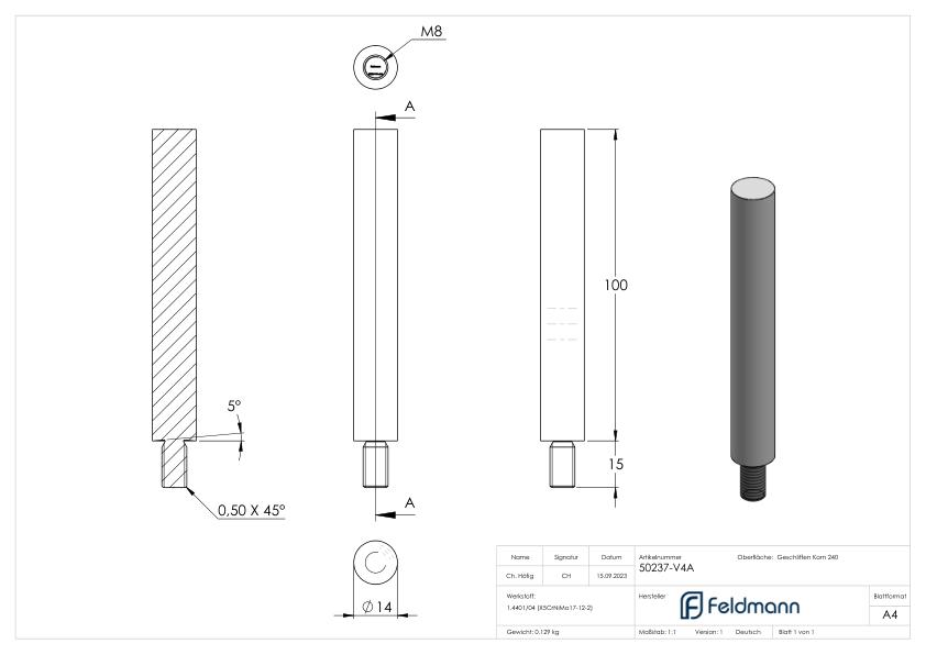 Stift Ø 14mm, L: 100mm, V4A