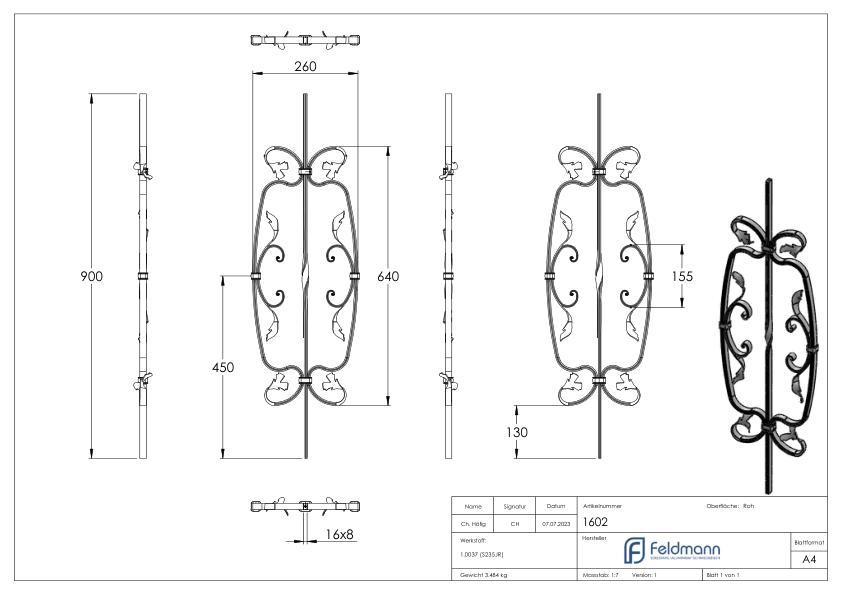 Zierstab 16x8mm, gerillt, Barock, H: 900mm