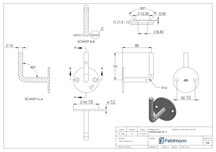 Handlaufhalter zum Anschweißen (Ronde und Bügel verschweißt), V2A
