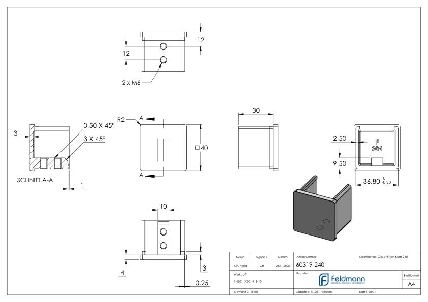 Endkappen, flach, für Quadratnutrohr 40x40mm, V2A