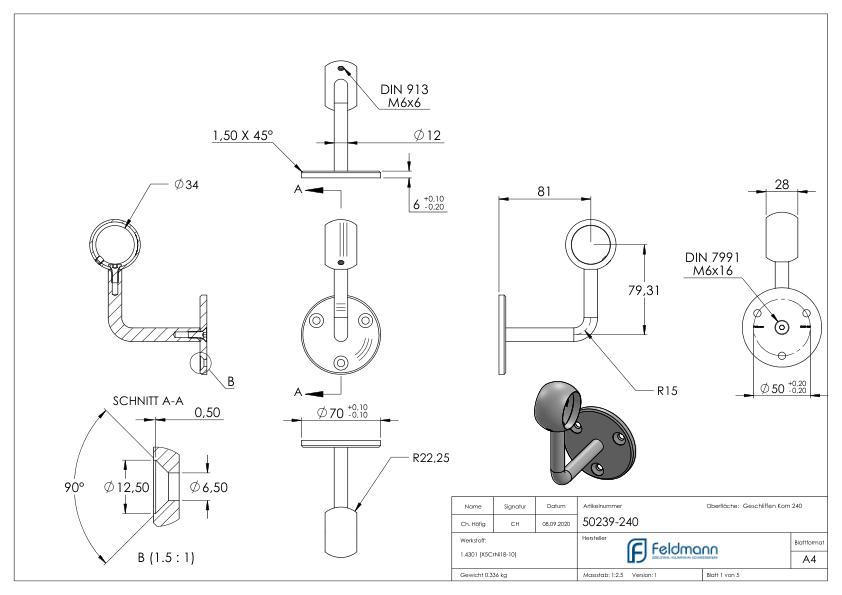 Handlaufhalter mit Kugelring für Rohr 33,7mm (Ronde und Bügel verschraubt), V2A