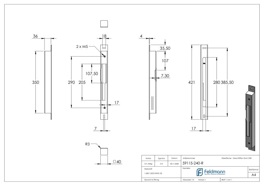 Gegenkasten zum Aufschrauben, für Abstand 72 / 92 mm für 40mm, DIN R, V2A