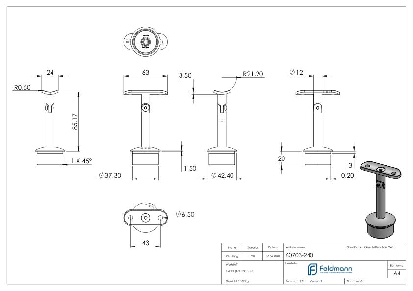 Rohrabschlussstopfen für Rohr 42,4x2,5mm, Handlaufanschlussplatte: 42,4mm, V2A