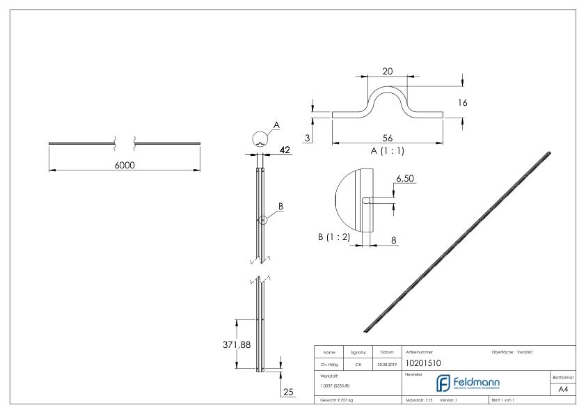 Laufschiene 20mm, L: 6000mm zum Aufschrauben