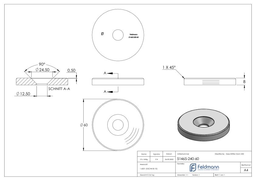 Schraubplatte Ø 60 x 8mm, mittig gesenkt für M12, V2A